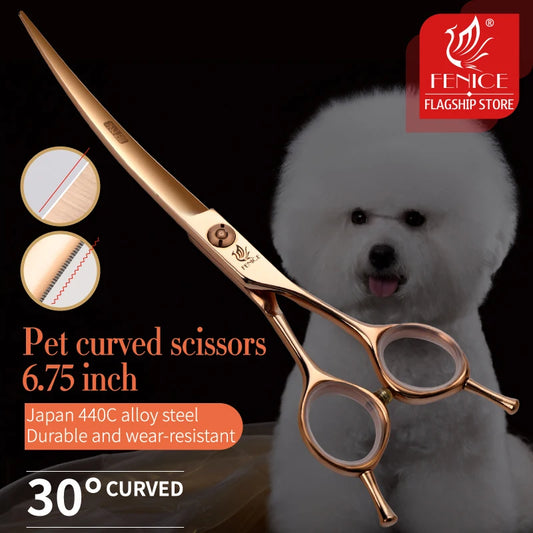 Fenice Professional 6.25/6.75 Inch Pet Curved Grooming Scissors serrated blade with saw Pet Scissors Shears for Dogs Cats JP440C