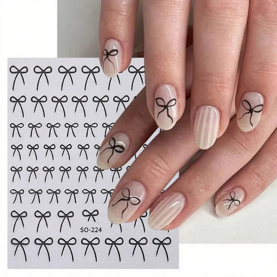 8pcs Mixed Color Bow Nail Art Stickers 3D Cute Red Black Pink Bowknot Nail Charms Foils Gold Laser Effect Bow Manicure Decor
