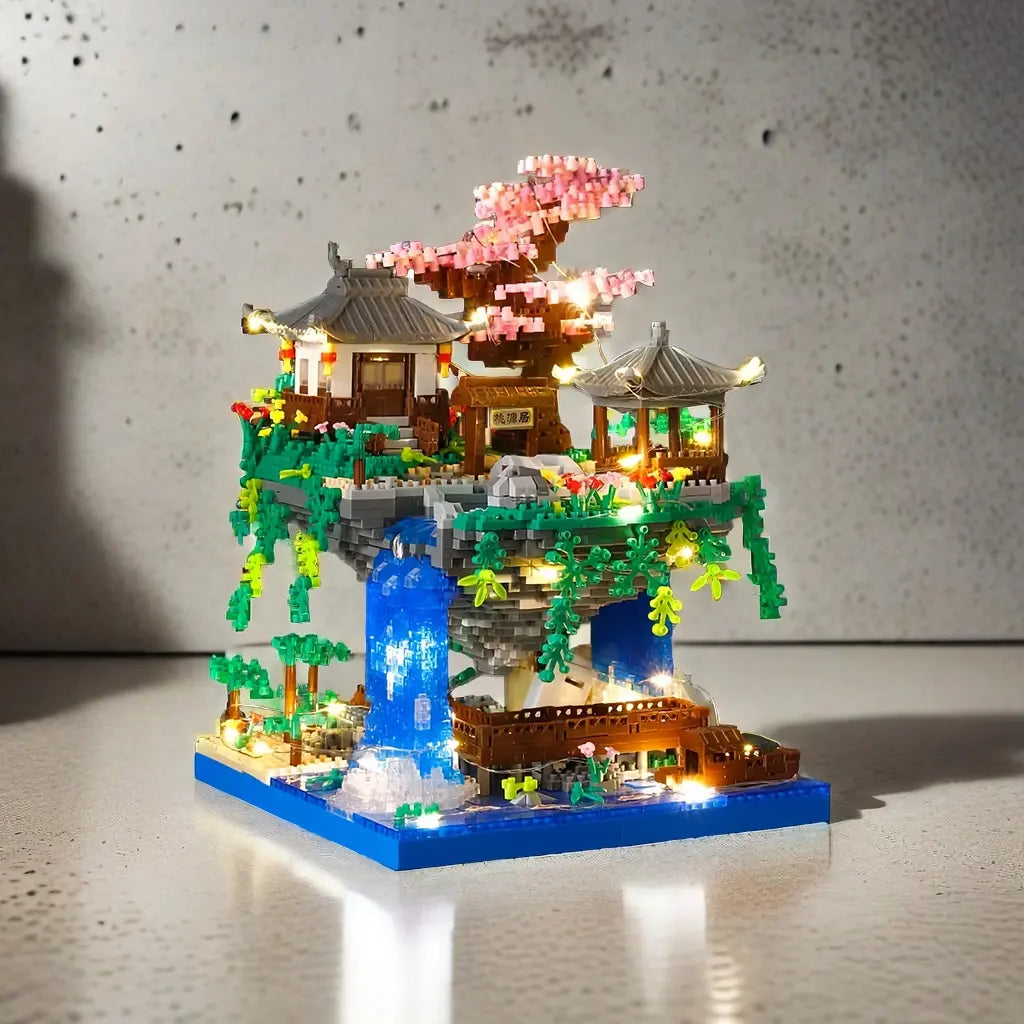 Sakura Tree Micro Blocks with LED Lights - Cherry Blossom Treehouse Model, 3D Romantic Night Glow Decor, Thoughtful Gift for Her