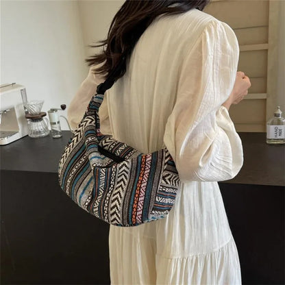 Tribal Style Shoulder Bag, Foldable Crossbody with Zipper Closure, Striped Pattern, Flag Theme Hand Washable Edge Painted Lining