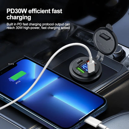 83W Motorcycle Car Charger Socket PD30W Fast Charging 22.5W Dual USB Type C Outlet Phone Power Adapter with Voltmeter Waterproof
