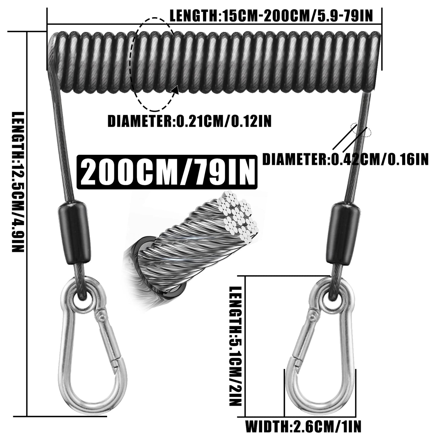 SAMOLLA Heavy-Duty Elastic Fishing Lanyard: Universal Stainless Steel Safety Rope, 1.5-3M Telescopic Secure Gear Tether
