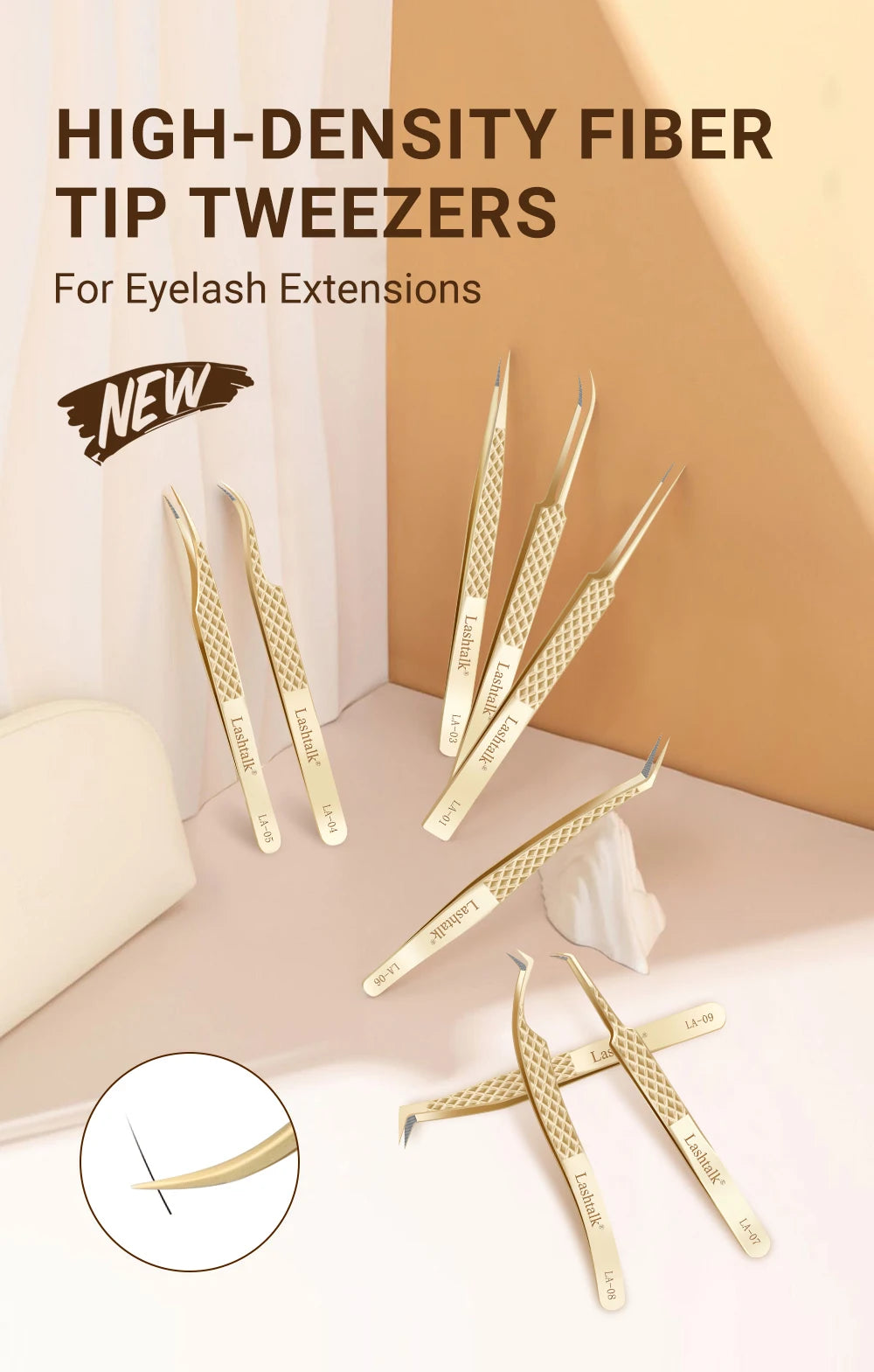 Lashtalk Precision Fiber Tip Tweezer Eyelash Extensions Diamond Grip Anti-Slip Premium Gold Stainless Steel Makeup With Box Pack