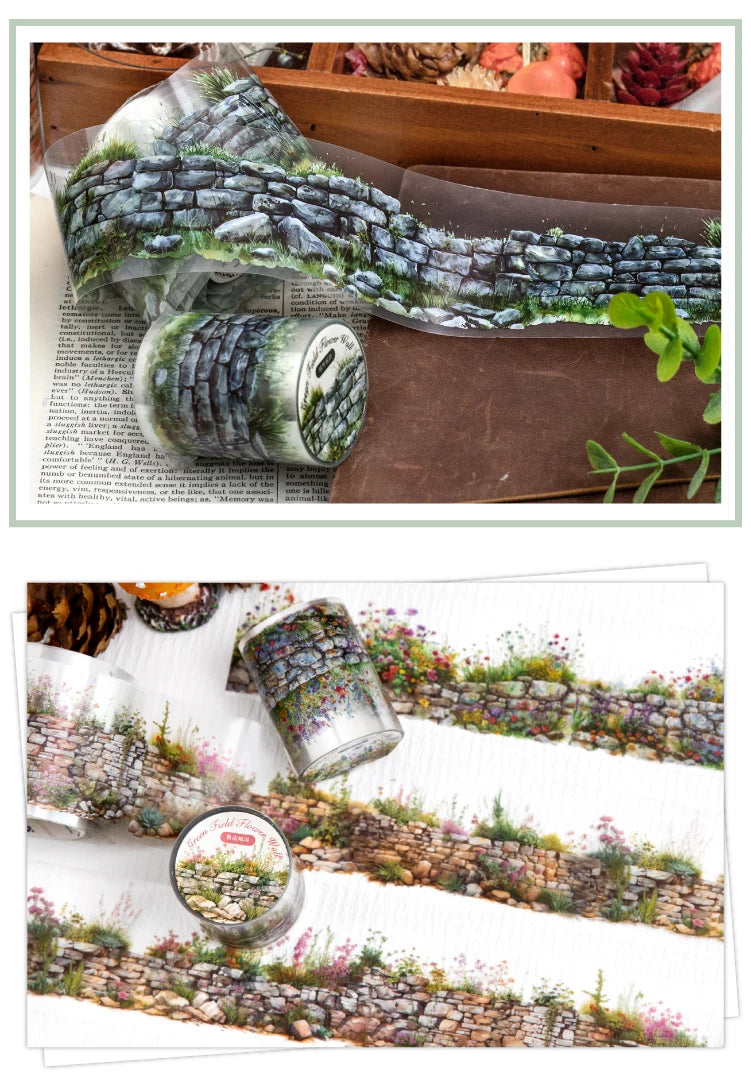 2 Roll PET Tape Green Field Flower Wall Series Sealing Stickers Album Diary Decoration Phone Case Sticker Notebook Accessories
