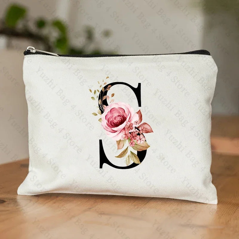 26 Letters Flower Makeup Bag Printed Bridesmaid Wedding Gift Graduation Teacher's Day Gift Storage Bag Travel perfume Side Bag