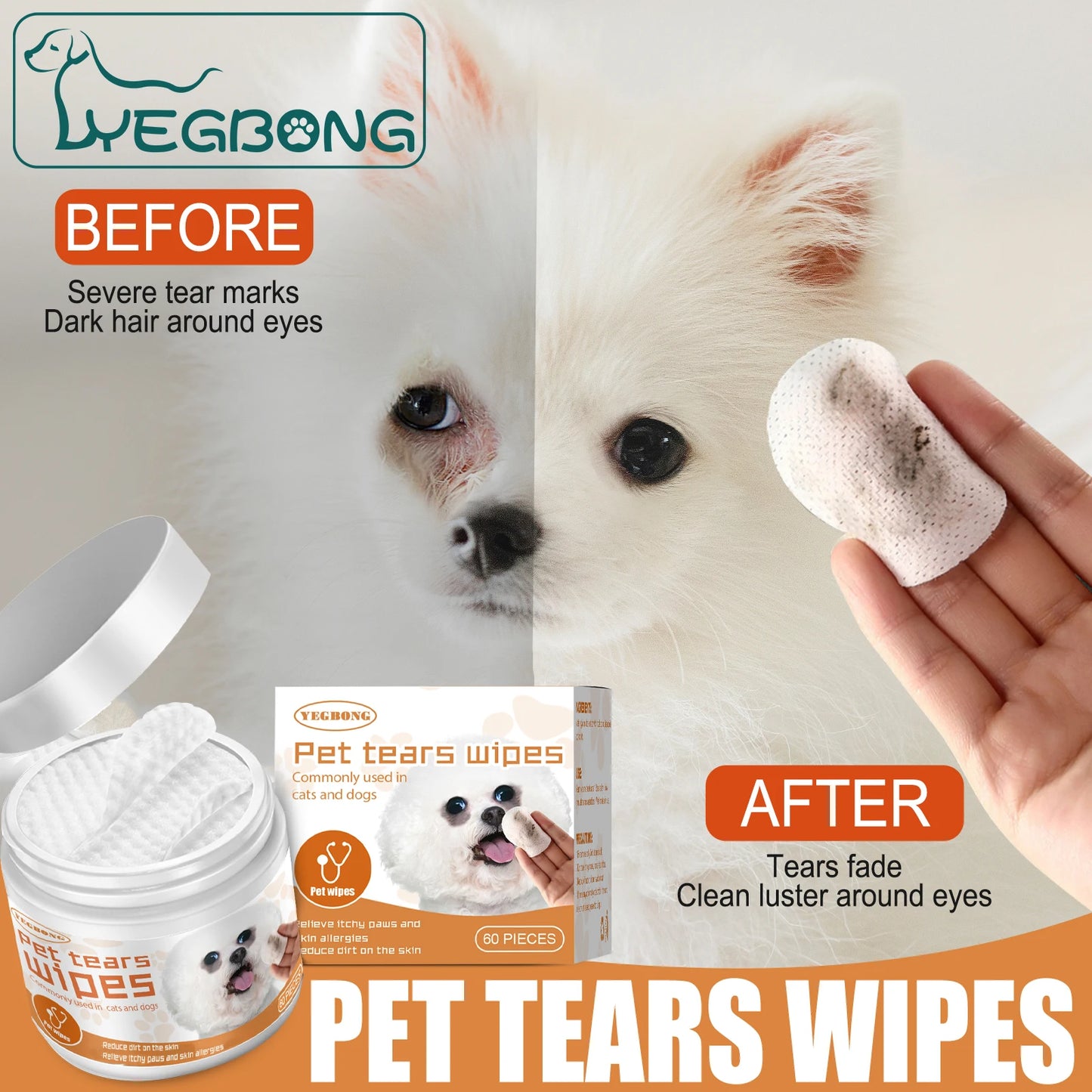 YEGBONG Pet Eye Wipe for Cats Dogs Remove Tear Marks Stain Cleaning Relieve Discomfort Deodorizing Eye Grooming Pets Wet Tissues