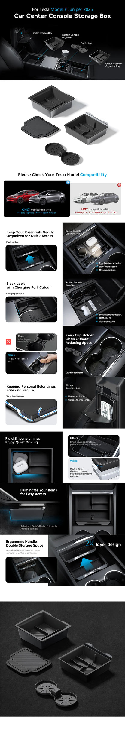 Heenvn For Tesla Model Y Juniper & Model 3 Highland 2025-2026 ABS Center Console Organizer Tray Armrest Storage Box Accessories