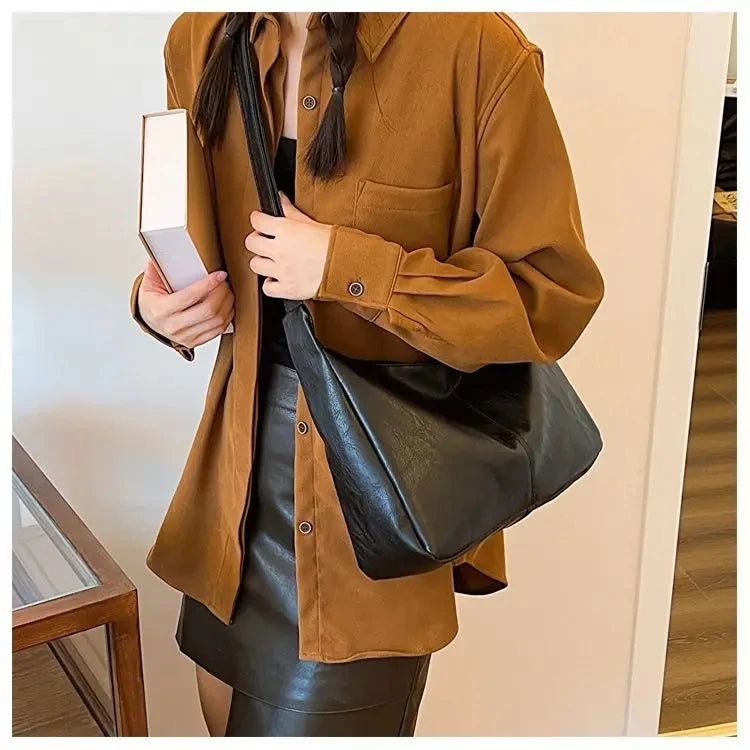 PU Leather Commuter Fashion Vintage Casual Tote Bag Maillard Stylish Crossbody Bags for Women Texture Large Capacity Temperament