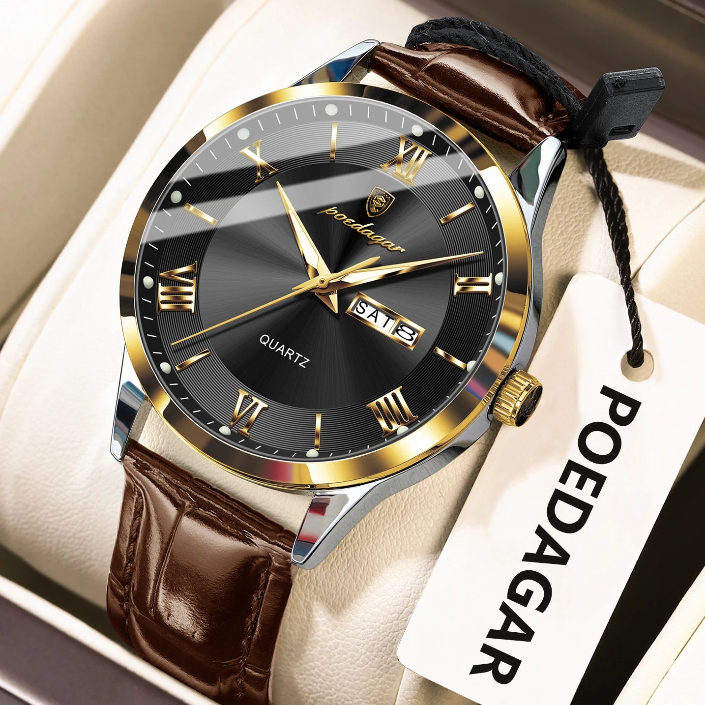 POEDAGAR Business Brand Men Clock Waterproof Luminous Date Week Fashion Man Wristwatch Leather Luxury Men's Quartz Watches Reloj