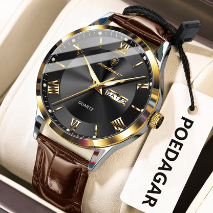 POEDAGAR Business Brand Men Clock Waterproof Luminous Date Week Fashion Man Wristwatch Leather Luxury Men's Quartz Watches Reloj