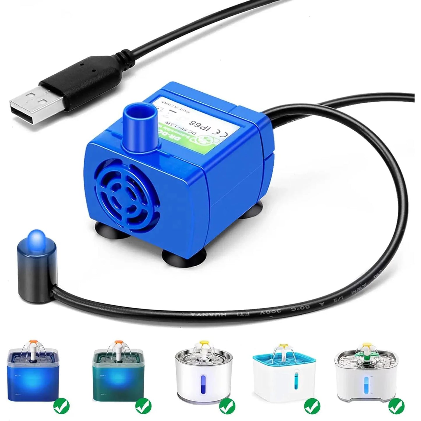 Water Pump Pet Cat Water Fountain Pump With LED Light - Replacement Motor For Cats Dogs Water Dispenser - USB Plug Pet Accessory