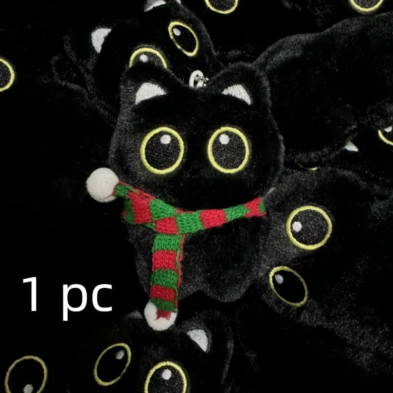 New Kawaii Big Eyes Cat Plush Doll With Scarf Black Cat Keychain Bag Pendant Cartoon Kitten Ornament Festival Gift For Friends