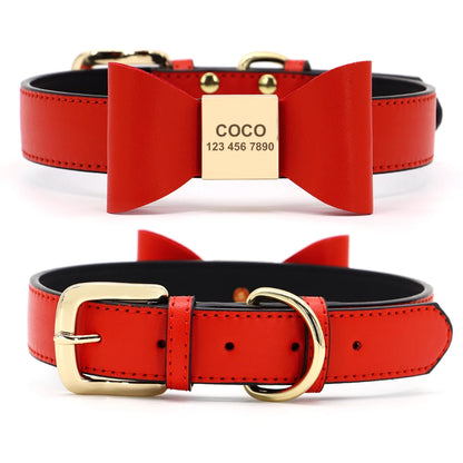Custom PU Leather Dog Collar Soft Bowknot Pet Collars Engraved Name Puppy Cat Necklace Anti-lost for Small Medium Large Dogs Pug