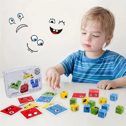 Children's Wooden Four Person Battle Face Changing Facial Expressions Magic Cube Building Blocks Wooden Interactive Games