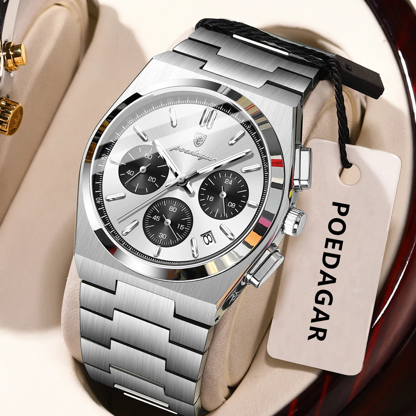 POEDAGAR Fashion Man Watches Chronograph Date Stainless Steel Casual Men Wristwatch Waterproof Luminous Men's Quartz Watch Reloj