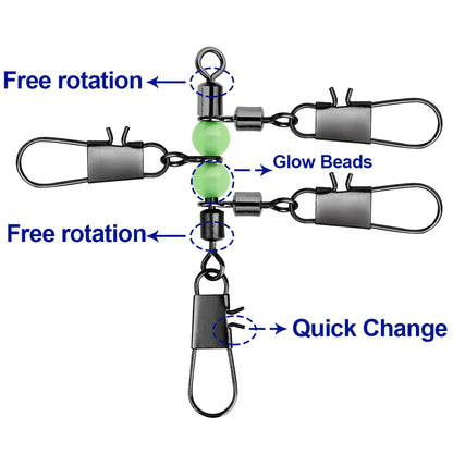 FishTrip 3 Way Swivels 10Pcs T Shape Cross Line Swivel with Glow Beads for Surf Fishing Connector Swivels Interlock Pin