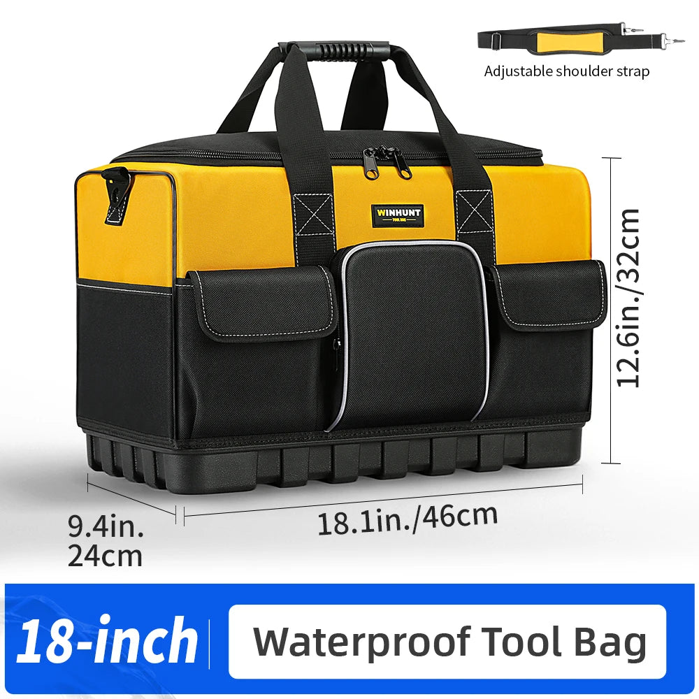WINHUNT Heavy-Duty Tool Bag with Wide Mouth & Molded Bottom - Adjustable Shoulder Strap, Durable Polyester, Yellow/Black