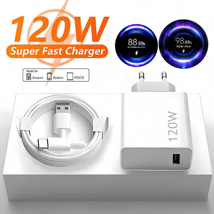 6A 120W EU Fast USB Wall Charger For Xiaomi 11 12 13 14 15 Ultra Redmi Note 11T 12 13 POCO F6 X5 Pro Type C Turbo Charging Cable