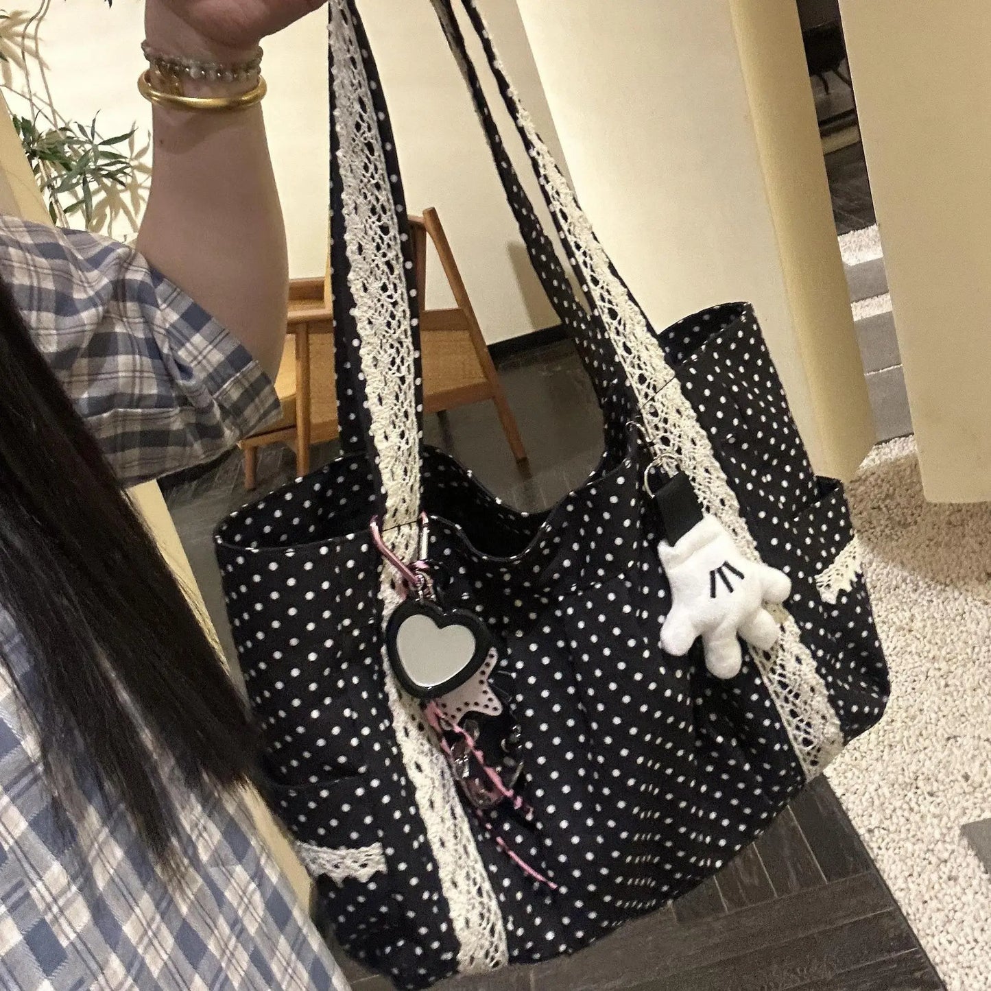 Korean Vintage Canvas Shoulder Bag Women Cute Lace Large Capacity Tote Bag Multi Pocket Handbag Fashion Round Dot Underarm Bag