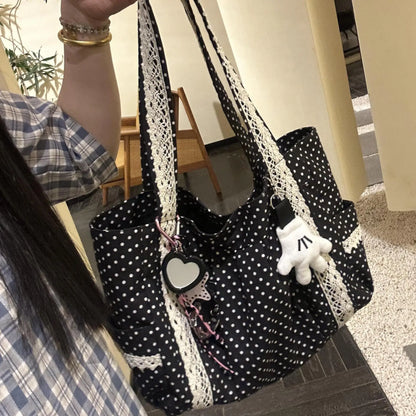 Korean Vintage Canvas Shoulder Bag Women Cute Lace Large Capacity Tote Bag Multi Pocket Handbag Fashion Round Dot Underarm Bag