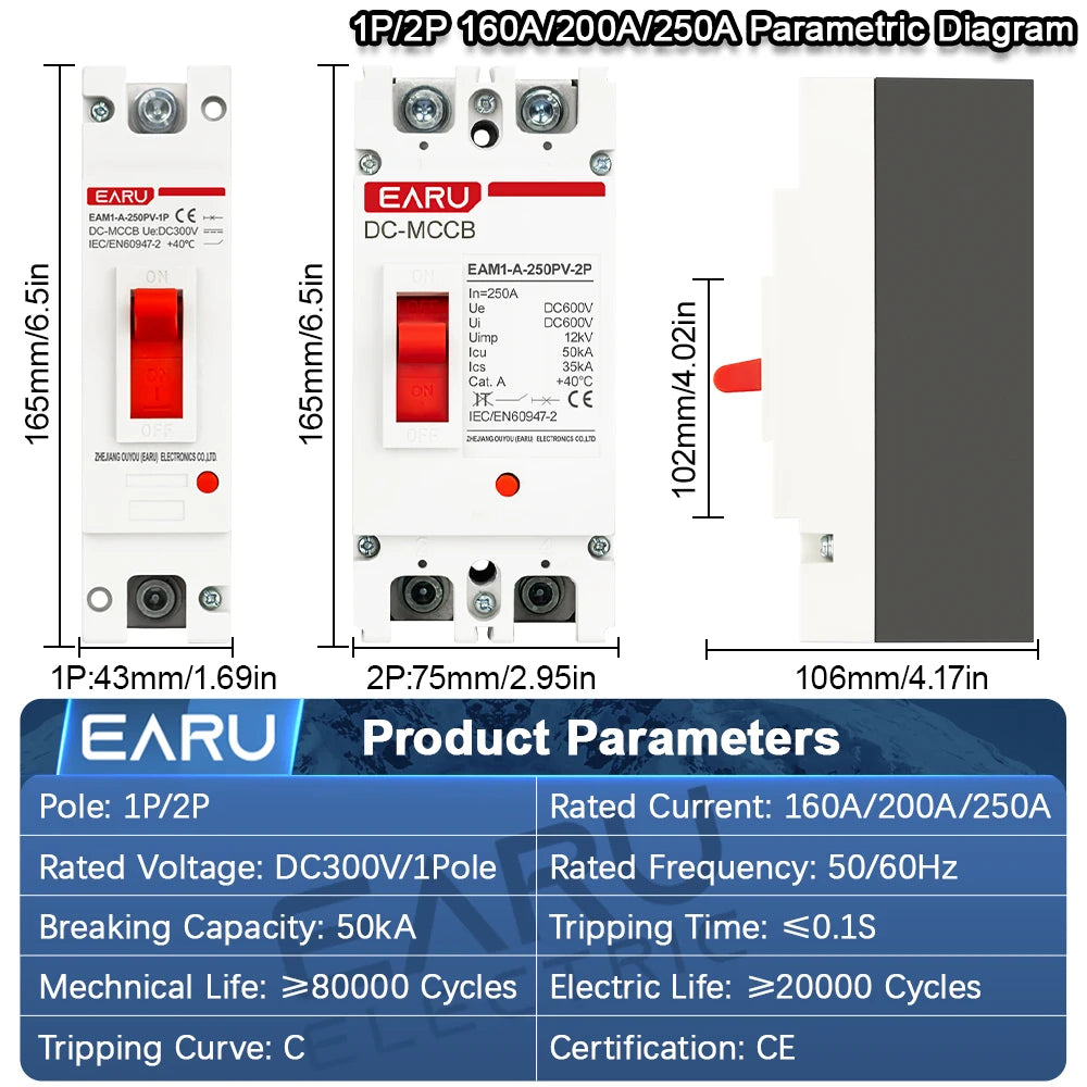 DC 300V 600V DC Solar Molded Case Circuit Breaker MCCB Overload Protection Switch Protector for Solar Photovoltaic PV 125A 250A