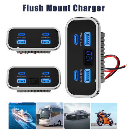 76W Dual PD Dual QC3.0 Type C USB Quick Charger 3.0 with Switch Fast Charging 4 Ports Power Panel For Bus ATV Car Truck Marine