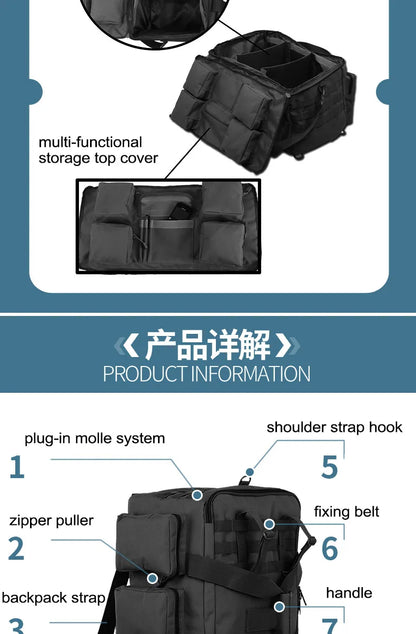 55L Luggage Duffel Bag Camping Backpack Tactical Large Bags Men's Hiking Travel Mountaineering Trip Utility Gym Weekend Duffle