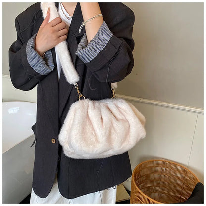 Cute and Versatile Winter Crossbody Bags Mink Fur Wrinkle Relaxed Texture Cloud Shell Bag Women Fashion Tote Shoulder Bag