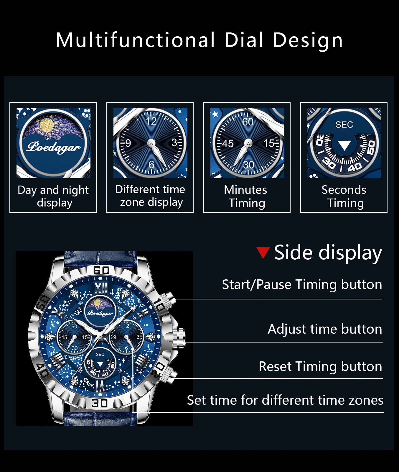 POEDAGAR Top Functional Luxury Man Wristwatch Waterproof Luminous Chronograph Leather Sports Watches For Men Quartz Men's Watch