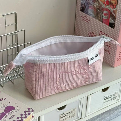 Cute Hello Kitty Corduroy Large Capacity Stationery Storage Bag Portable Handbag Cartoon Pen Bag with High Appearance Value