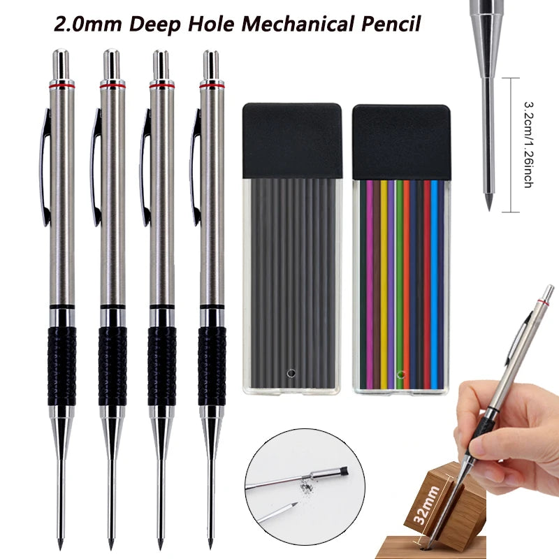 New Deep Hole Woodworking Mechanical Pencil, 2.0mm Anti Slip Soft Set Grip Handle Automatic Pencil Engineer Drawing Marking Tool