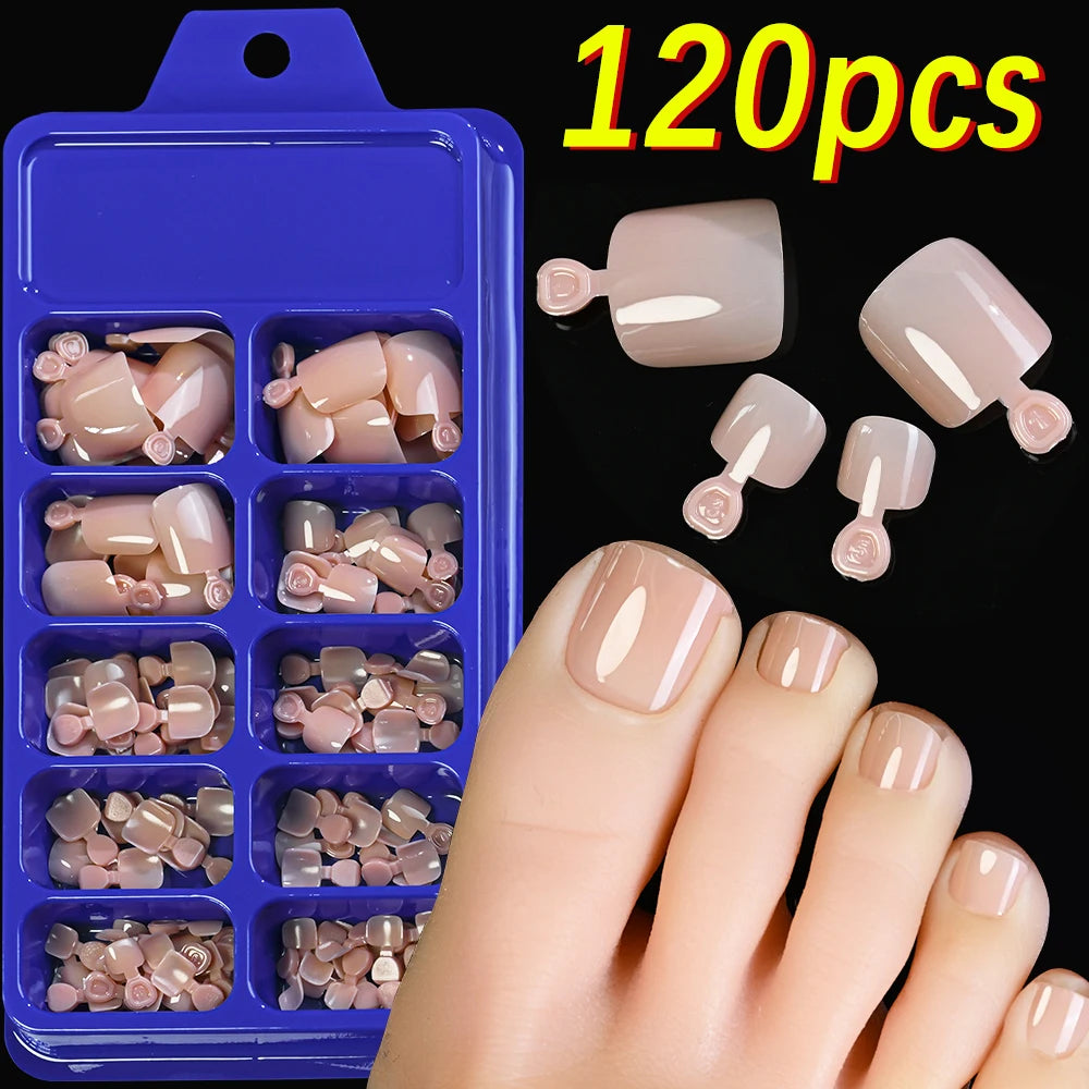 120Pcs 9-Colors French Fake Toenails Summer Short Sqaure Press On Toe Nails Tips Glossy Nude/Pink/Brown Full Cover False Toenail