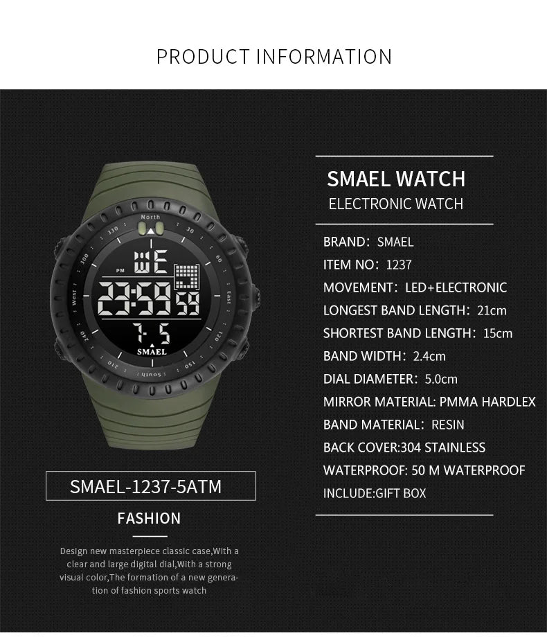 SMAEL Brand Men Electronics Watch Outdoor Sports Waterproof Big Dial Digital LED Alarm Digital-watch 1237 Sport Watch