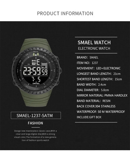 SMAEL Brand Men Electronics Watch Outdoor Sports Waterproof Big Dial Digital LED Alarm Digital-watch 1237 Sport Watch