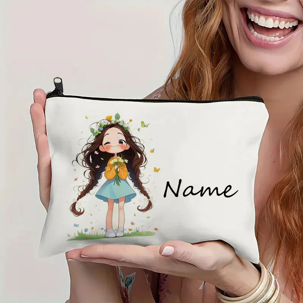 Custom Name Vintage Cute Girl Pattern Makeup Bag Handbag Toiletry Bag Pencil Case Holiday Gift Cosmetic Bag