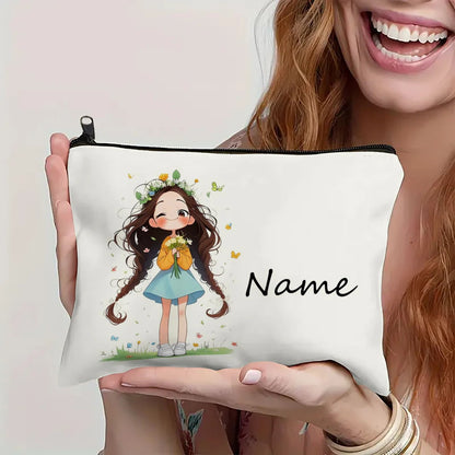 Custom Name Vintage Cute Girl Pattern Makeup Bag Handbag Toiletry Bag Pencil Case Holiday Gift Cosmetic Bag
