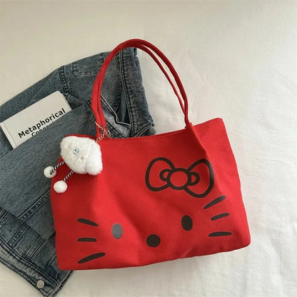 Cute Canvas Bag Hello Kitty Women's Canvas Handbag - Large Cute Cartoon Shoulder Bag Fashion Multi functional Commuter Handbag