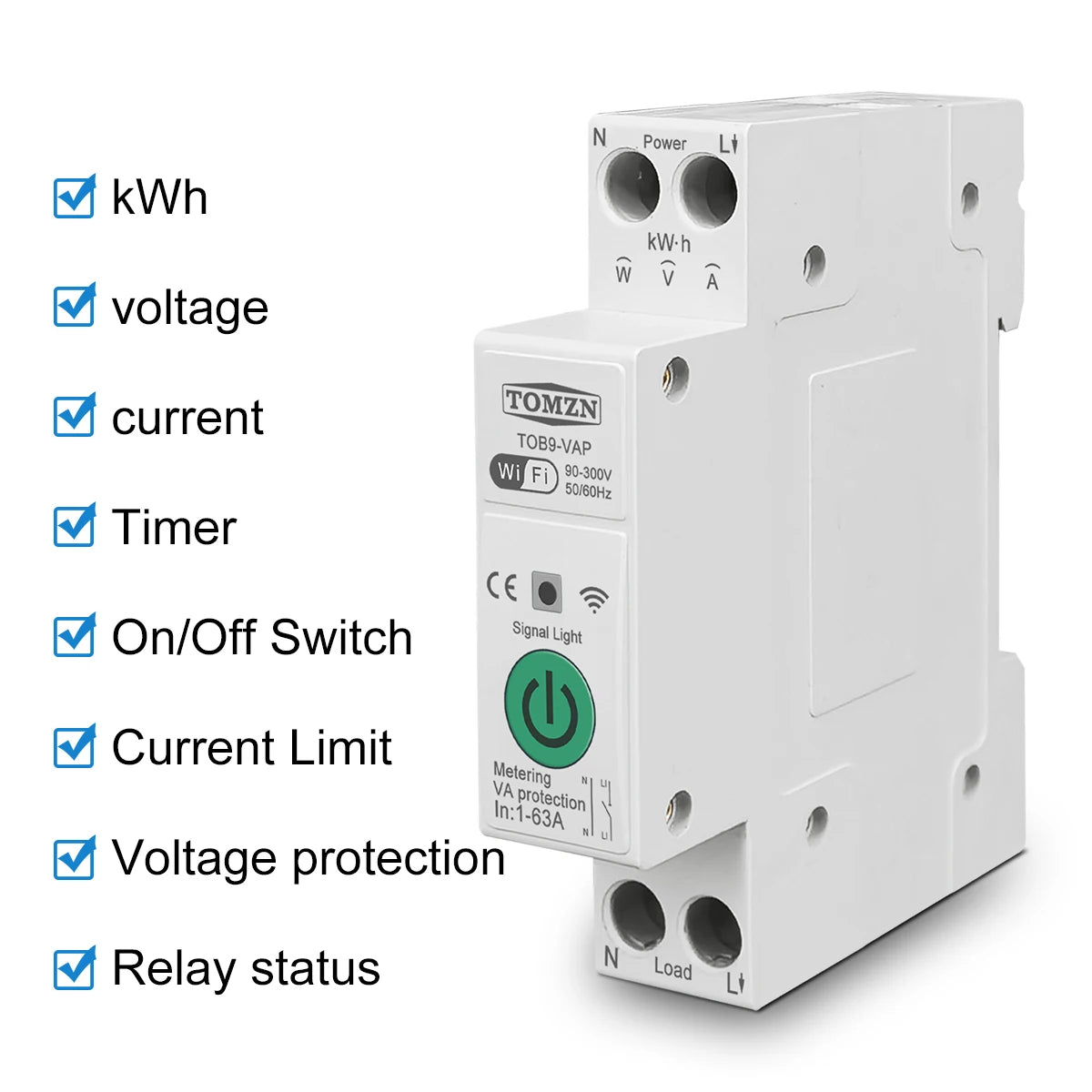 TOMZN 63A 1P+N WIFI Smart Switch Energy Meter kWh Metering Monitoring Timer Relay MCB TUYA Smartlife Voltage Current Protection