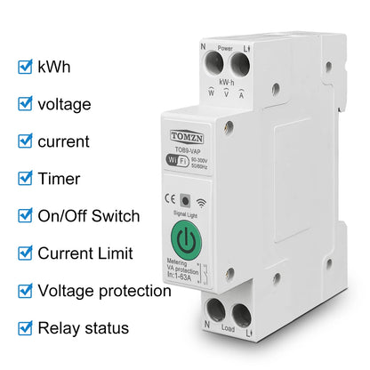 TOMZN 63A 1P+N WIFI Smart Switch Energy Meter kWh Metering Monitoring Timer Relay MCB TUYA Smartlife Voltage Current Protection