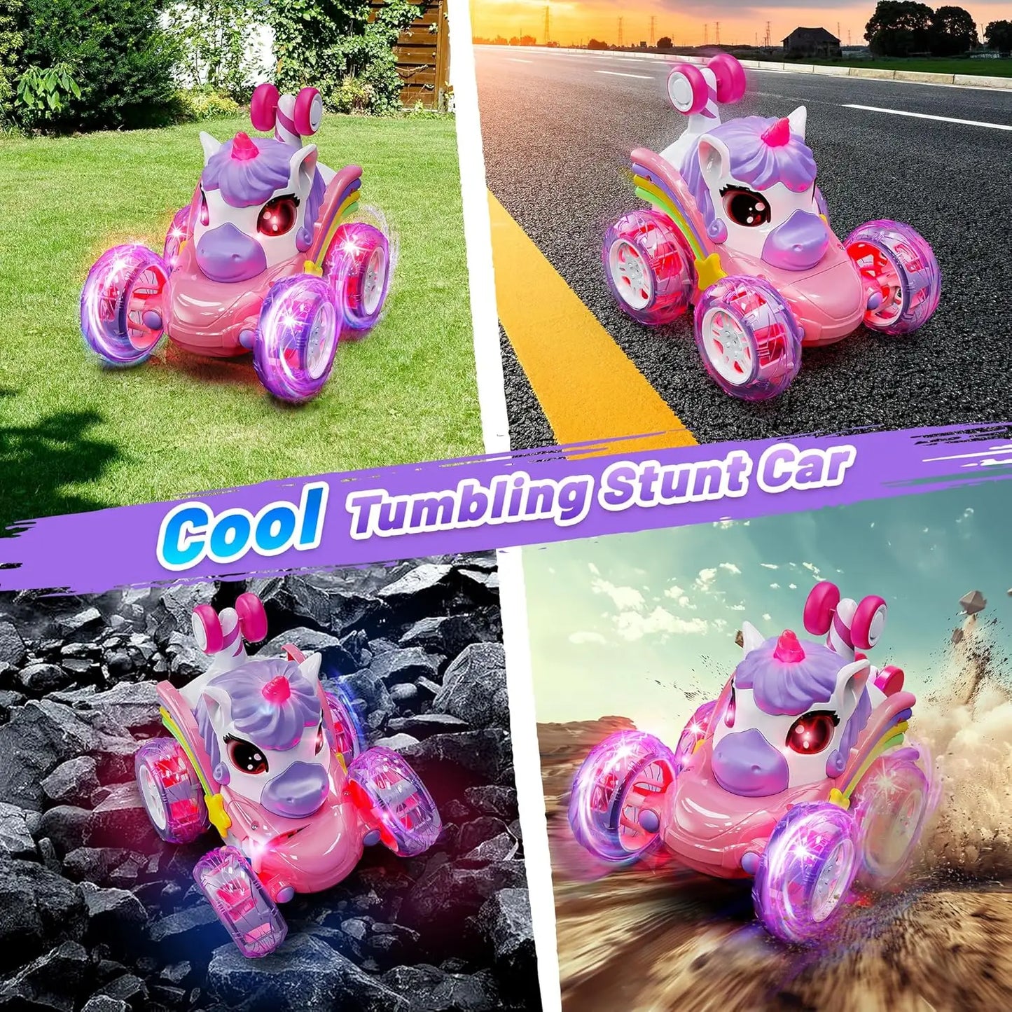 2.4G Lighting unicorn Remote Control Stunt Dump Truck Chase Light Twist Change Car Drift Dancing Toy Car, Children's New Year Bi