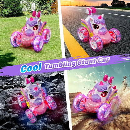 2.4G Lighting unicorn Remote Control Stunt Dump Truck Chase Light Twist Change Car Drift Dancing Toy Car, Children's New Year Bi
