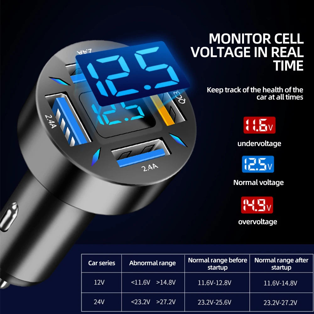 4 in 1 Car Charger Quick Charge PD QC3.0 With Voltmeter Cigarette Lighter Socket Power Adapter For IPhone11 12 Samsung Huawei