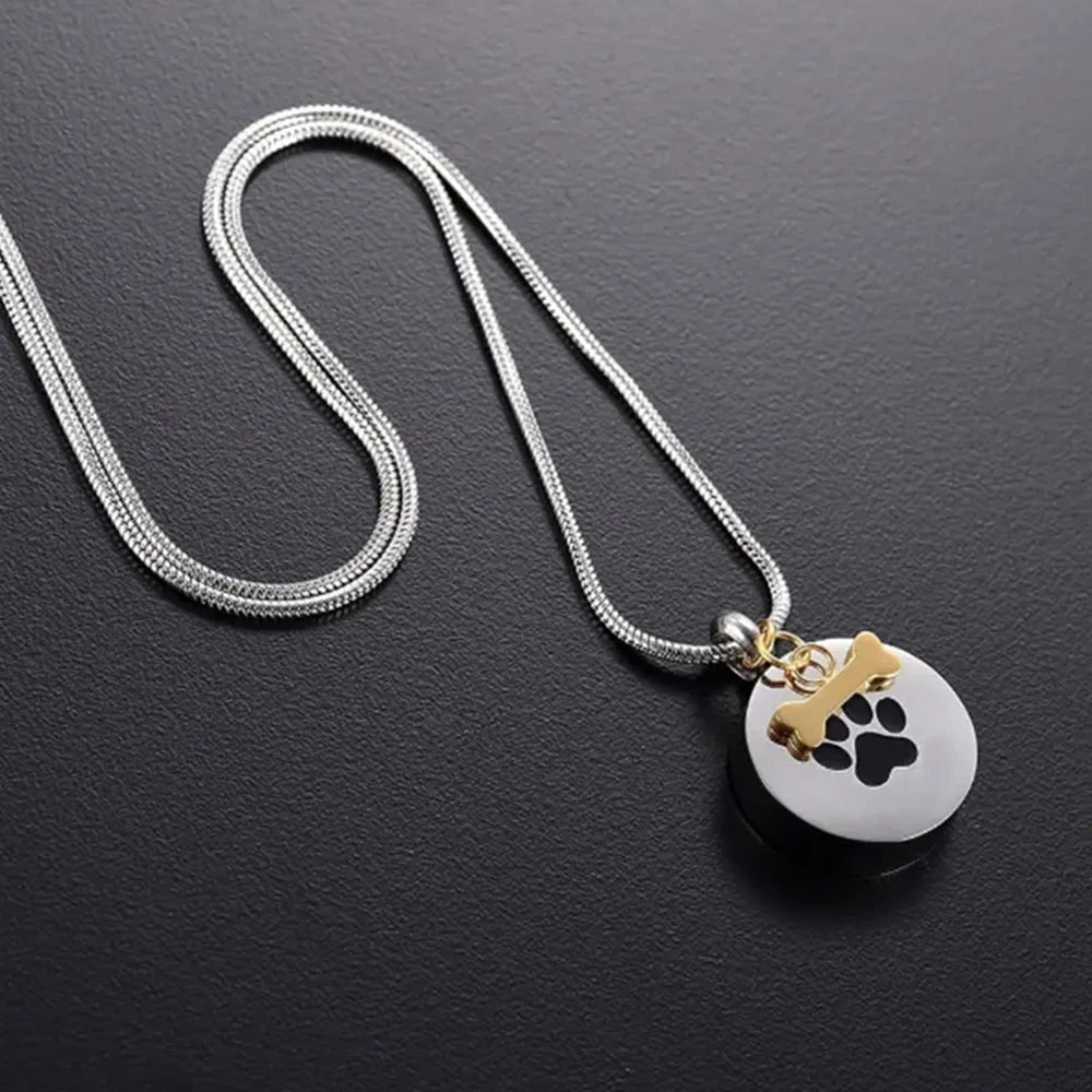 Pet Ashes Necklace Cremation Jewelry for Ashes Paw Print Round  Pendant Memorial Necklace with Dog Bone Keepsake Jewelry for Dog
