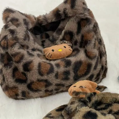 Hello Kitty leopard print plush fashion cute handbag for girls shoulder bag armpit handbag lightweight and durable gift forgirls
