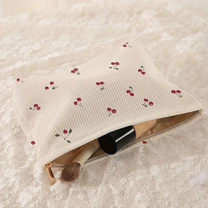 Fashion Cherry Printed Corduroy Makeup Bag Large Capacity Lightweight Zipper Makeup Storage Box Multifunctional Bag with Lining
