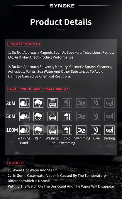 SYNOKE Men Rectangular Sports Electronic Watch Waterproof 50M Night Light Large Screen Alarm Clock Trend Retro Style