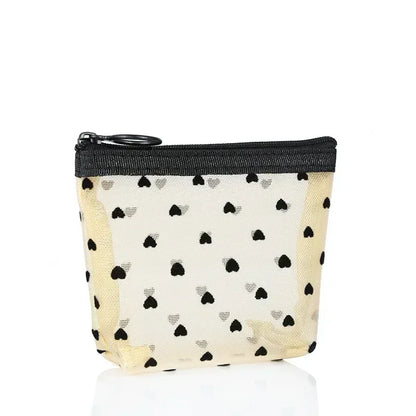 Nylon Mesh Cosmetic Bag Zipper Heart Shaped Toiletry Organizer Makeup Bags Multifunctional Women Lipstick Key Coin Purse Pouch