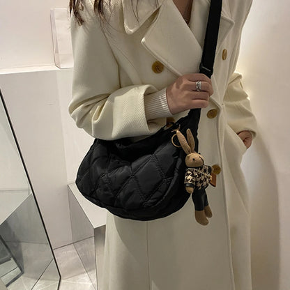 Black diamond check embroidered thread large capacity down Cloud Women's shoulder crossbody dumpling bag (without pendant)