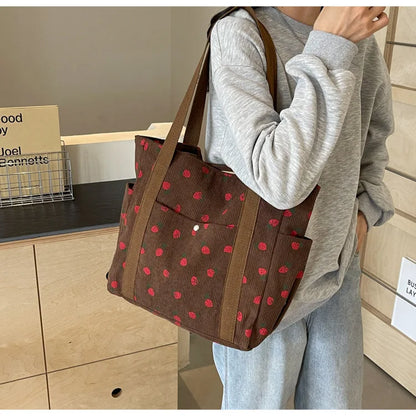 Fashion Corduroy Shoulder Bag for Women, Cute Printed Handbag, Casual Commuter & Shopping Purse, Trendy Underarm Bag