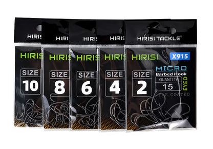 Hirisi 15x Carp Fishing Hooks With Eye Micro Barb High Carbon Steel Fish Hooks PTFE Coated Fishing Accessories X915